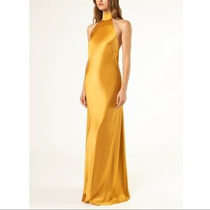 Pure silk charmeuse backless halter gown. 100% silk. Made in USA.